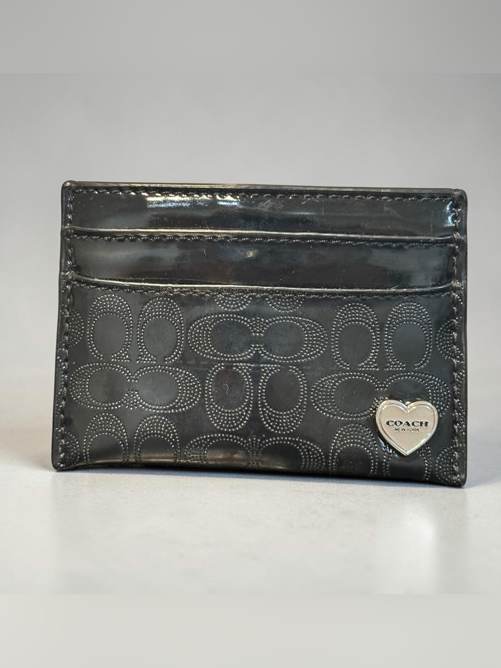 Coach Black Patent Leather Signature Card Case with Silver Heart Logo